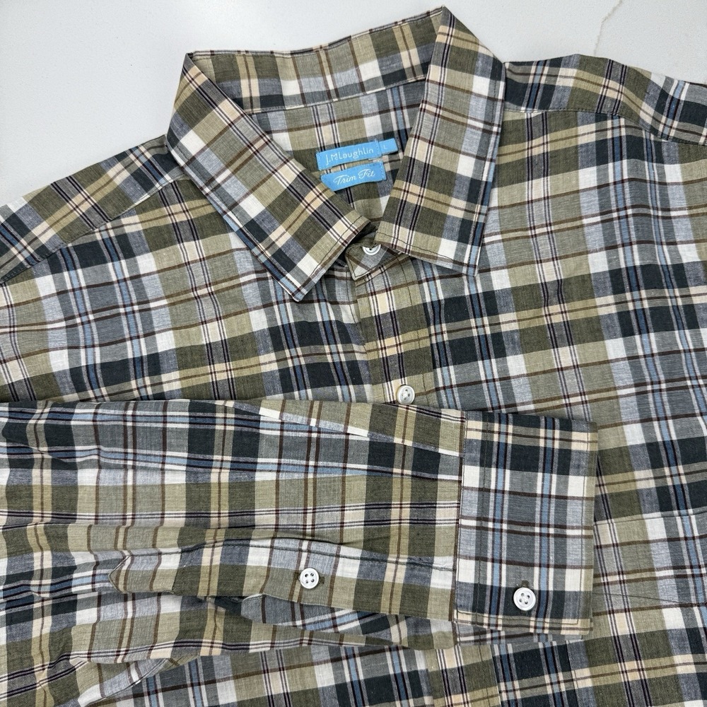 J McLaughlin Linen Blend Button Up Shirt Mens Large Green Blue Plaid Trim‎ Fit